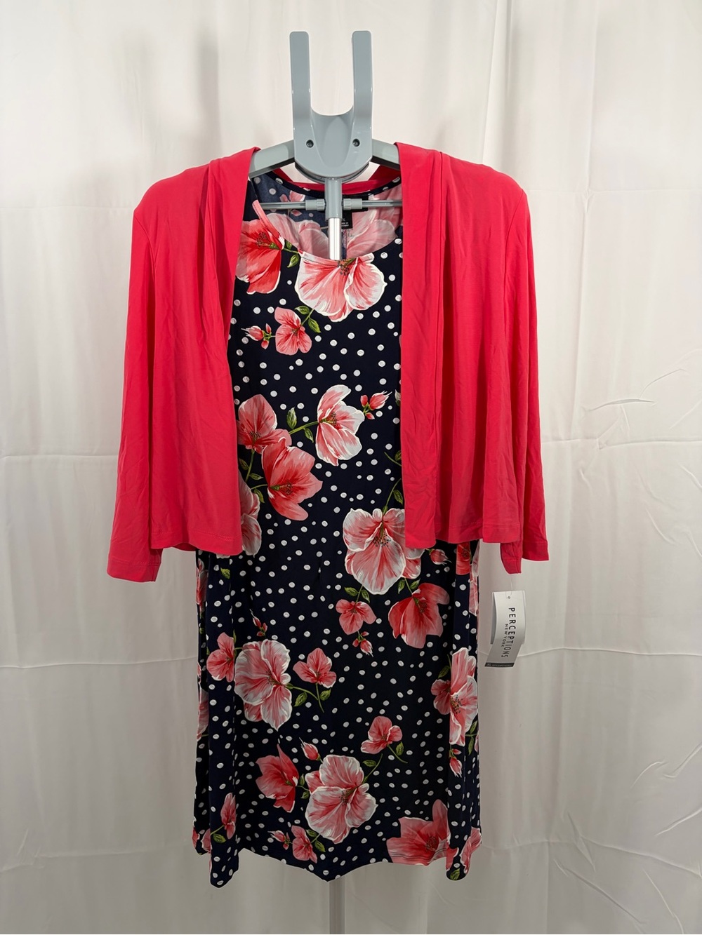 NWT Perceptions Women’s XL Floral Navy Polka Dot Dress with Coral Pink Top
